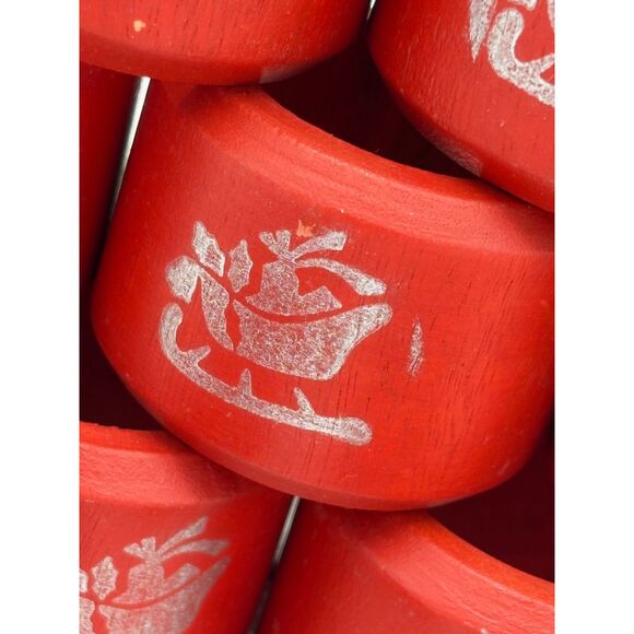 12 Vintage Red Wood Napkin Rings Silver Sleigh Christmas - Picture 2 of 4